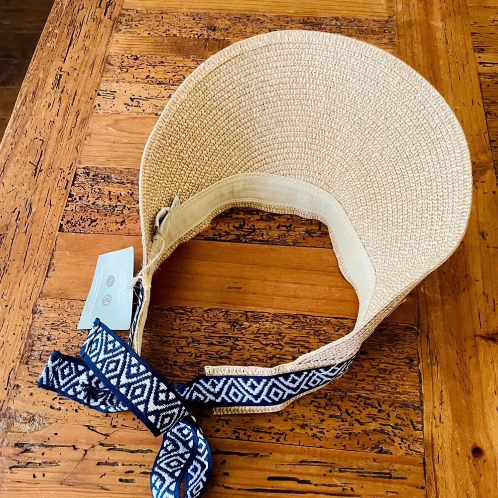 NWT Sea & Grass straw visor with ribbon tie one size packable natural blue white - Picture 9 of 11